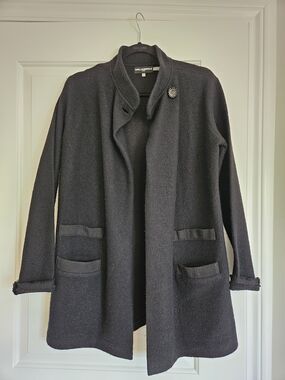 Karl Lagerfeld Black Wool-Blend Open Front Peacoat